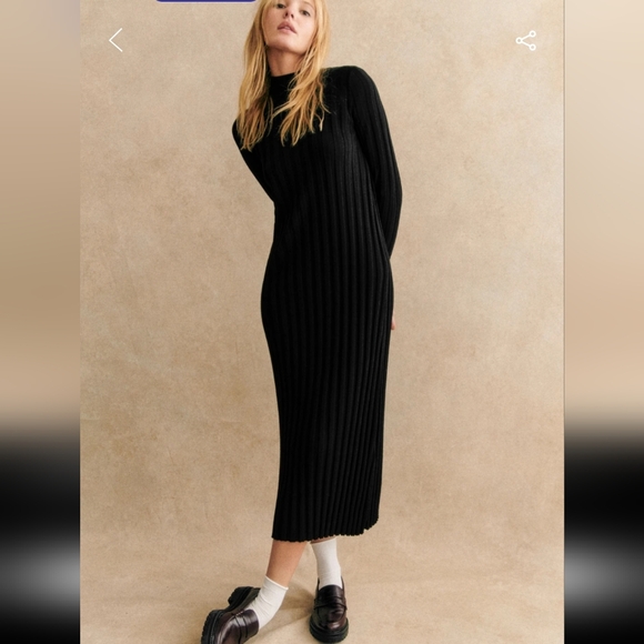 Sezane Katrina Black Long Sleeve 100% Merino Wool Dress
